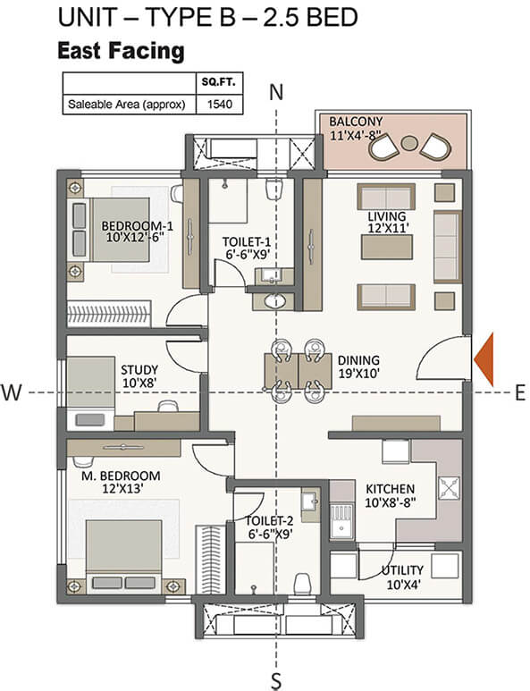 The Prestige City Hyderabad 2.5 BHK 1540 Sq Ft Floor Plan