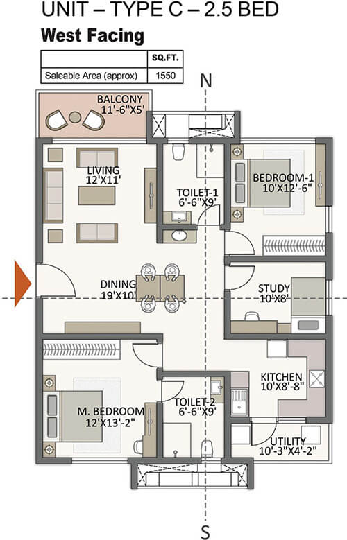 The Prestige City Hyderabad 2.5 BHK 1550 Sq Ft Floor Plan