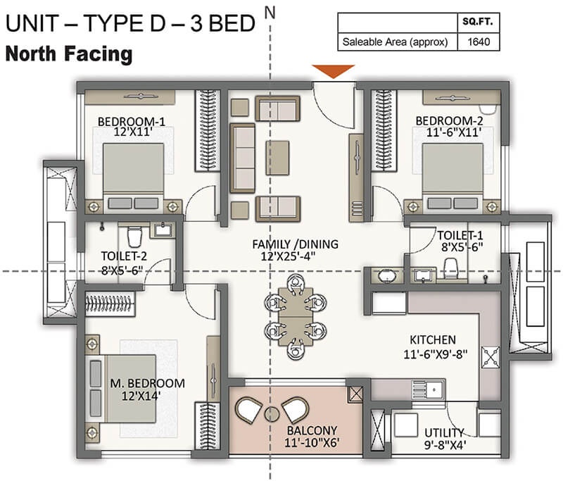 The Prestige City Hyderabad 3 BHK 1640 Sq Ft Floor Plan