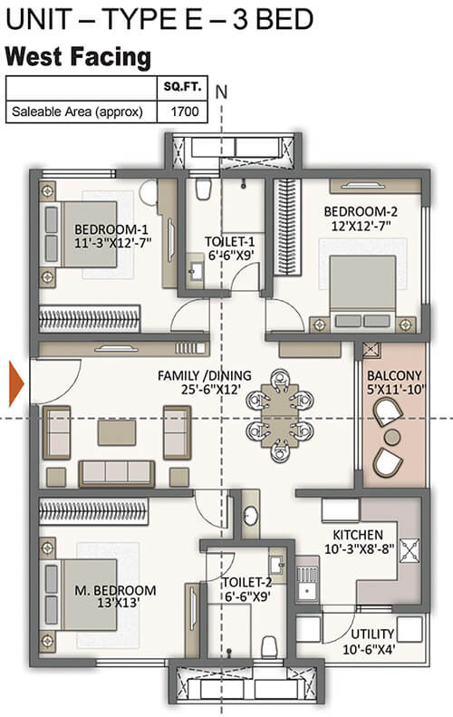 The Prestige City Hyderabad 3 BHK 1700 Sq Ft Floor Plan