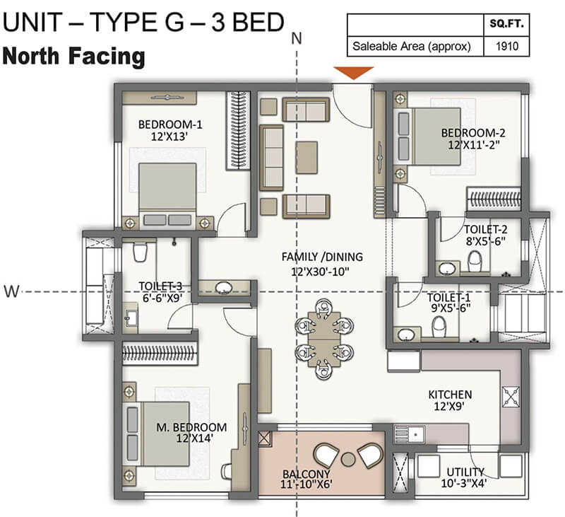 The Prestige City Hyderabad 3 BHK 1910 Sq Ft Floor Plan
