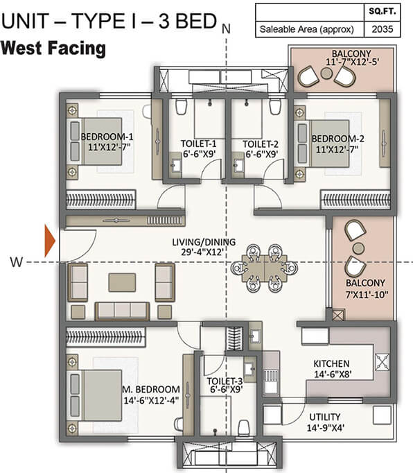 The Prestige City Hyderabad 3 BHK 2035 Sq Ft Floor Plan