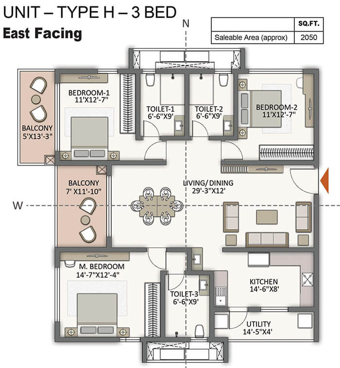 The Prestige City Hyderabad 3 BHK 2050 Sq Ft Floor Plan