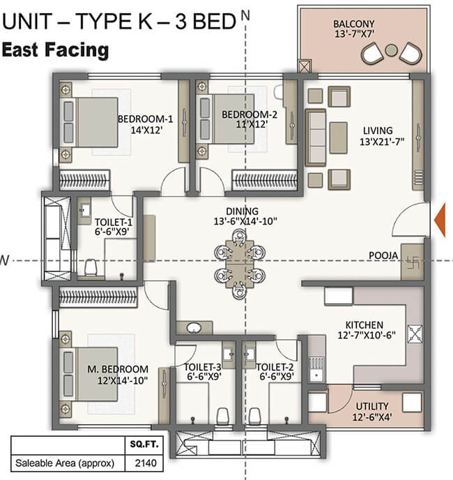 The Prestige City Hyderabad 3 BHK 2140 Sq Ft Floor Plan