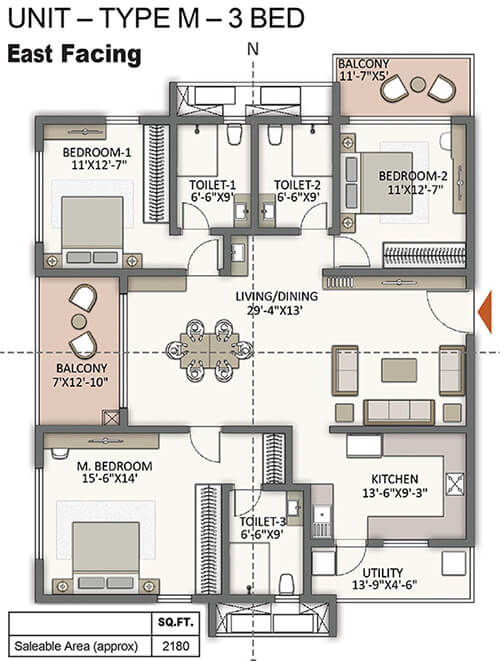 The Prestige City Hyderabad 3 BHK 2180 Sq Ft Floor Plan