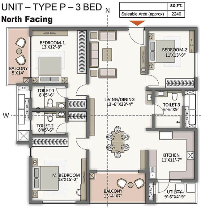 The Prestige City Hyderabad 3 BHK 2240 Sq Ft Floor Plan