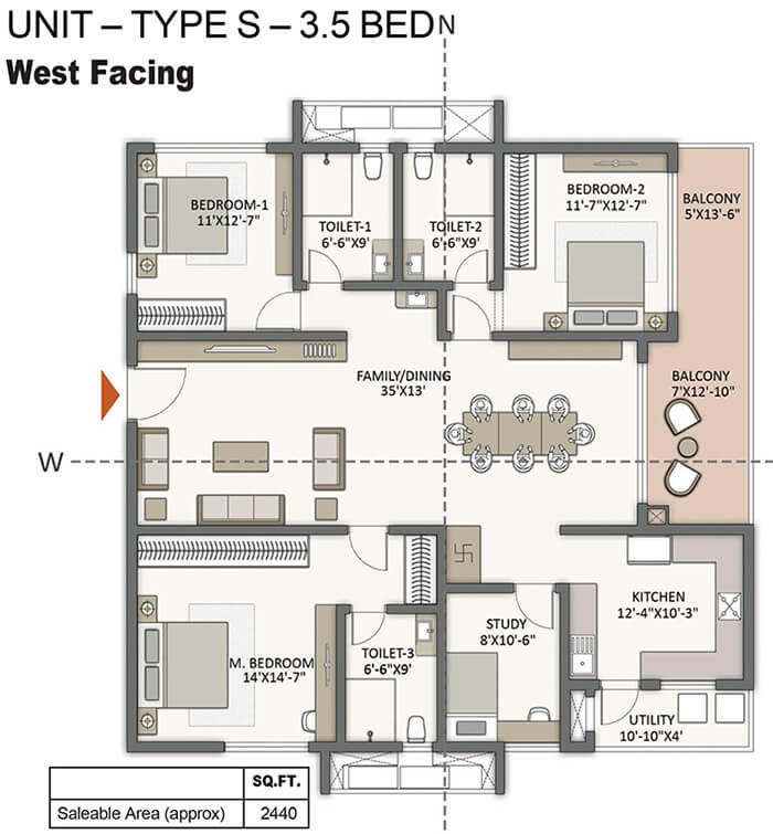 The Prestige City Hyderabad 3.5 BHK 2440 Sq Ft Floor Plan