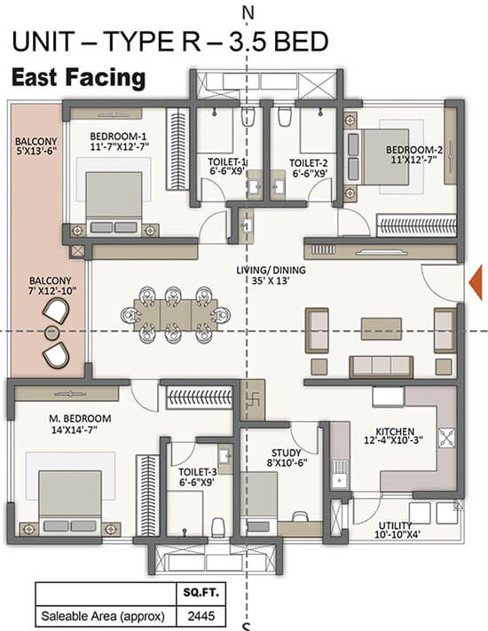 The Prestige City Hyderabad 3.5 BHK 2445 Sq Ft Floor Plan