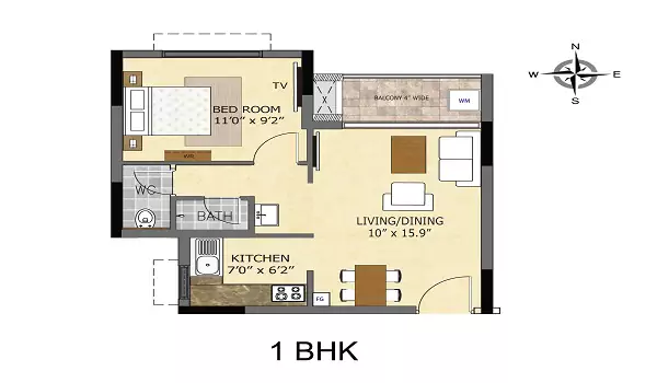 1 BHK apartment floor plan of Prestige Suncrest
